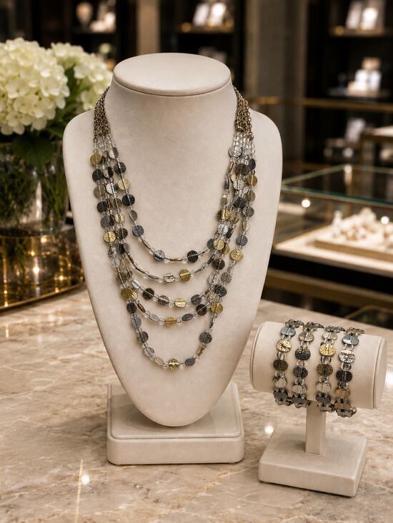 Chico's Jewelry - Chicos Vintage Silver & Goldtone Layered Necklace 5 Matching Bracelets Set